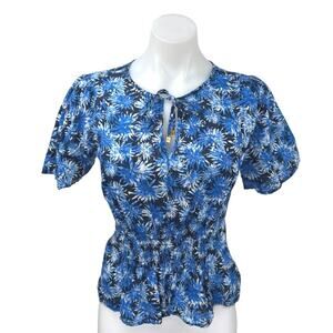 Michael Kors Blue Floral Metallic Keyhole Tie Shorts Sleeve Peplum Blouse Top S